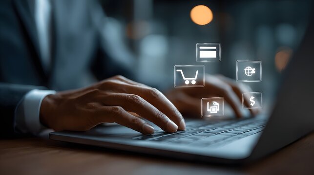 Online Commerce: Man Using Laptop with Digital Payment Icons Overlay
