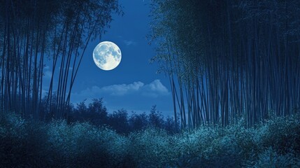 Tranquil Moonlit Bamboo Forest Landscape Under Starry Night Sky Illuminated by Full Moon