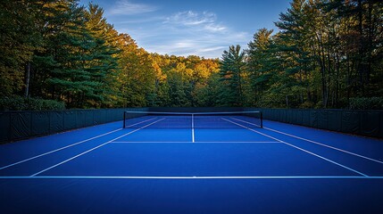 A vibrant blue tennis court, framed by autumn foliage