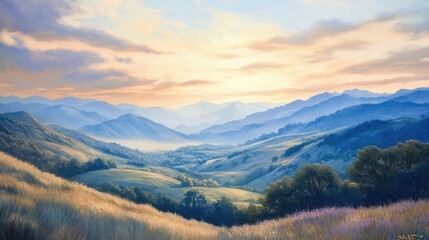 Serene Mountain Landscape at Sunrise with Soft Pastels and Rolling Hills in Natural Light