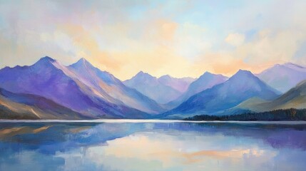 Serene Landscape with Mountains and Calm Water Reflection in Vibrant Pastel Colors at Sunset