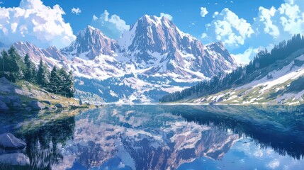 Scenic Mountain Landscape with Serene Lake Reflection and Lush Green Forests Under Blue Sky