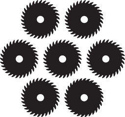 Seven circular saw blades arranged in a black and white vector illustration