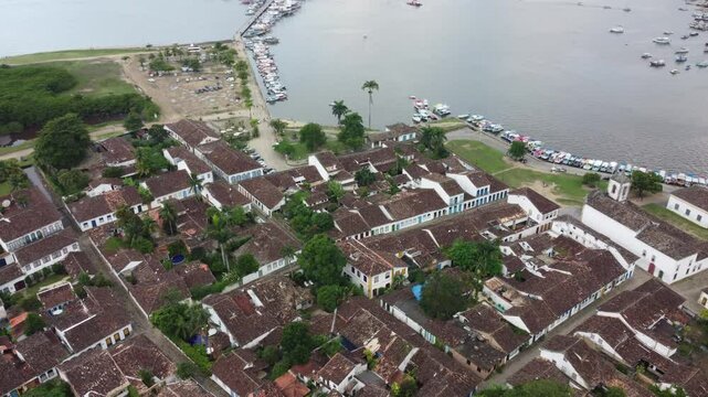 Parati, Rio de Janeiro, Brazil - april 01, 2024: Aerial view of Parati,  white colonial houses, cobbled streets, and lush tropical scenery by the sea.