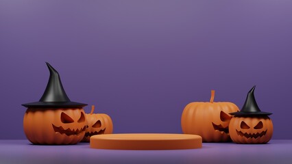 Happy Halloween podium background for product display, Orange pumpkins in hat, Realistic 3d design pedestal