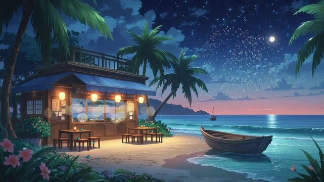 Cozy beachside restaurant under full moon with glowing lanterns, calm sea, starry sky, and tropical vibe. Peaceful anime-style night scenery perfect for relaxation and summer themes.

