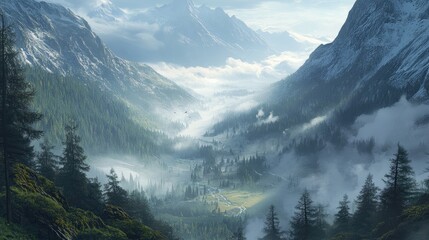 Majestic Mountain Valley Surrounded by Lush Forest and Misty Fog Under Clear Blue Sky