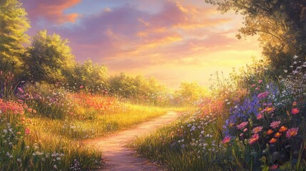 Serene Nature Pathway with Vibrant Flowers and Golden Sunset in a Tranquil Landscape Scene