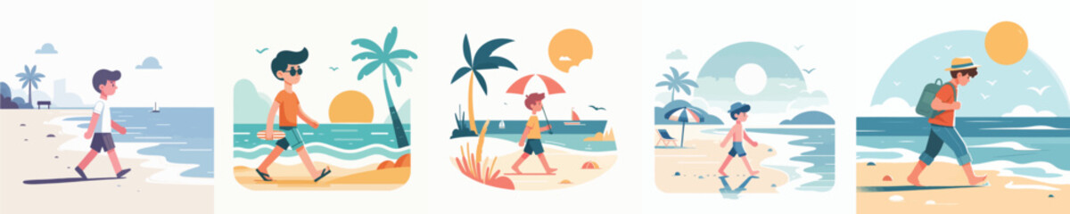 vector character of a little boy walking on the beach