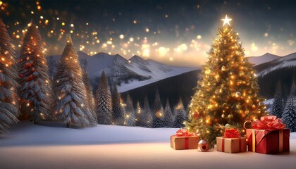 cristmas backdrop with xmas tree gifts and lights