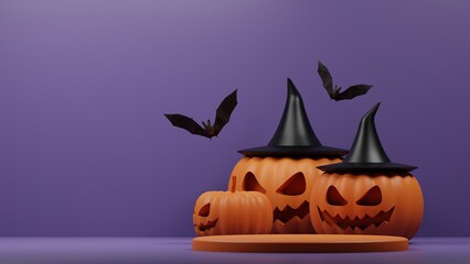 Happy Halloween podium background for product display, Orange pumpkins in hat, Realistic 3d design pedestal