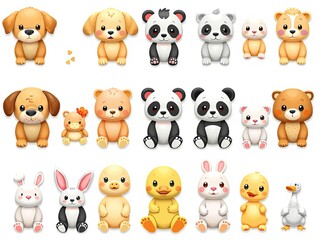 3D icon set of adorable baby animals including puppy, kitten, baby panda, bunny, and duckling, arranged in 3 rows on a white background, isolated PNG, Ai Generate.