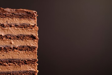 A stack of chocolate cake with a chocolate frosting. , with ample copy space for text.