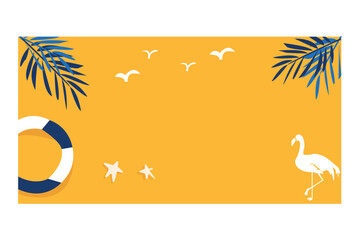 Vibrant summer scene with flamingo, palm leaves, and life preserver.