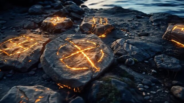 Ancient Viking runic stones glowing with mystical fire energy displaying magical symbols carved into weathered rocks scattered across mysterious coastal landscape
