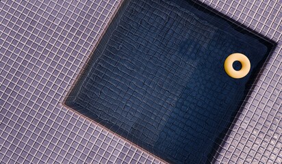 Swimming pool, blue grid tiles floor with floats, 3D illustration