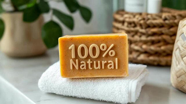 Natural soap resting on a white towel in bathroom