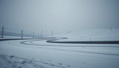 A winding race track covered in fresh snow.