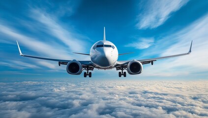 Commercial Jet Flying Above Clouds &ndash; Rear Bottom View of White Aircraft with Black Wings Against Blue Sky Background