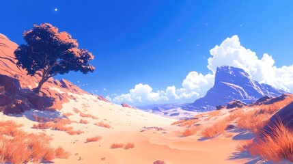 Serene Desert Landscape with Vibrant Blue Sky and Dreamy Clouds Above Rolling Sand Dunes and Solitary Tree
