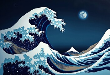 The huge waves under the moonlit night