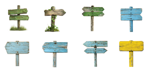 Collection of fresh green wooden signpost with a nature-inspired look, resembling forest wood. isolate on transparent background