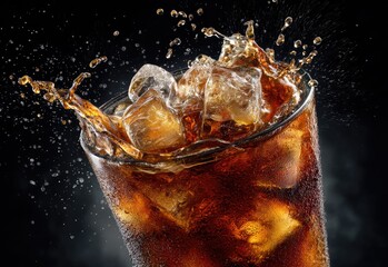 Close-up of a refreshing cola splash with ice cubes in a cold glass, highlighting fizz and droplets against a dark background, ideal for beverage ads, summer promotions, and drink packaging designs