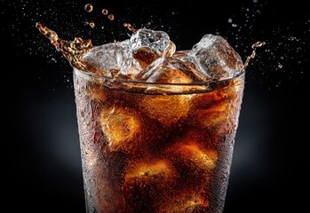 Refreshing splash of cola with crystal ice cubes in a cold glass, highlighted against a black background, perfect for soda branding, drink ads, summer campaigns, and beverage product visuals