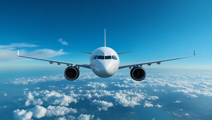 Naklejka premium Commercial Jet Flying Above Clouds – Rear Bottom View of White Aircraft with Black Wings Against Blue Sky Background