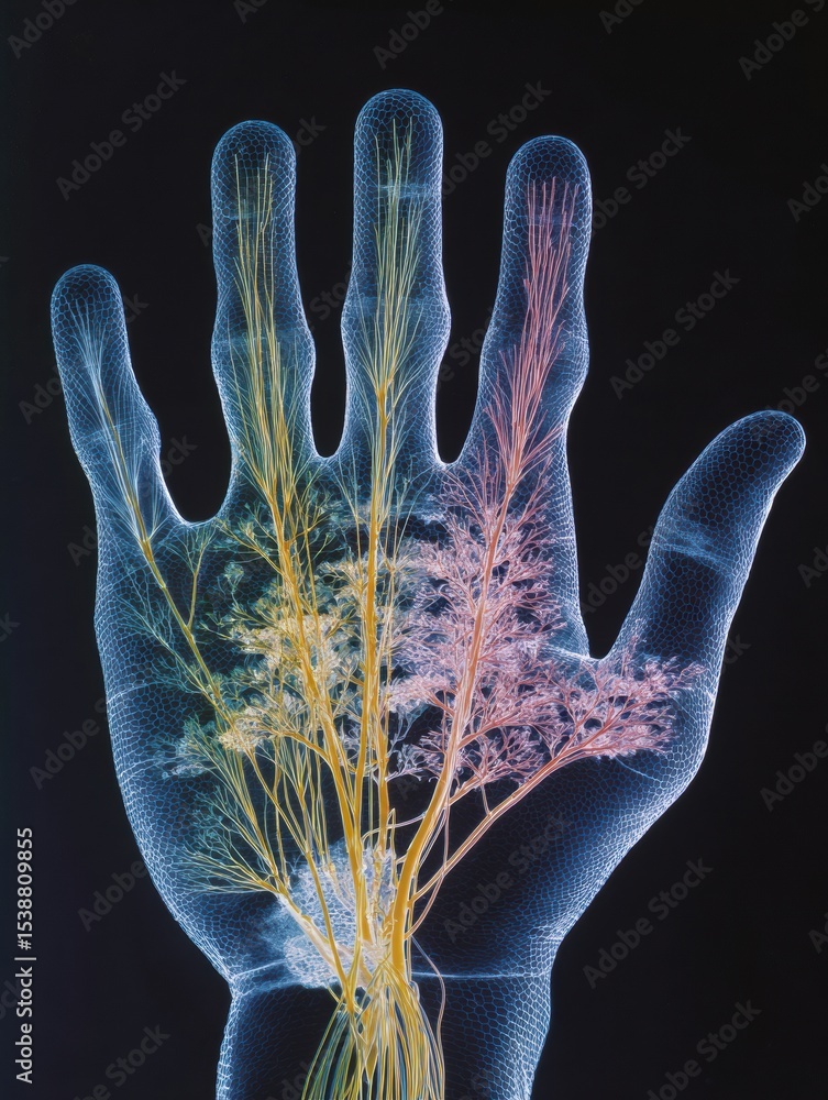 Fototapete Visual Representation of Sensory Nerves Illustrating Touch Sensitivity in a Human Hand With Vibrant Color Coding Demonstrating Nerve Pathways