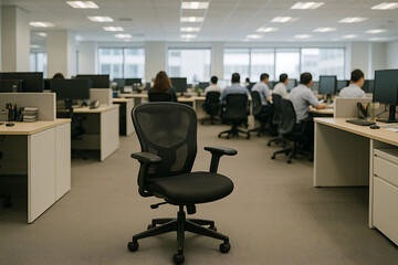 An empty office desk and chair with copy space, perfect for recruitment or job vacancy posters.