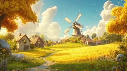 Scenic rural landscape with windmill, golden fields, vibrant trees, and picturesque cottages under a blue sky