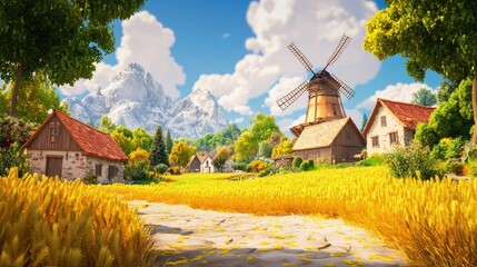 Scenic rural landscape with a windmill, mountains and vibrant fields under a bright blue sky during sunny weather