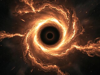 Massive black hole surrounded by glowing accretion disk, swirling plasma jets, deep space background, vibrant color contrast, high detail astrophysical visualization, Ai Generate.