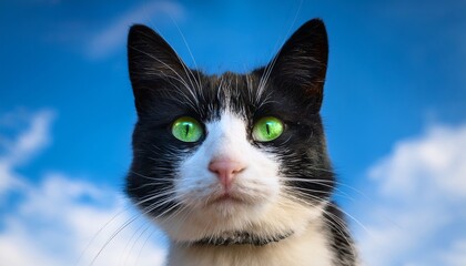 Close-up portrait of a striking black and white cat with vibrant green eyes against a bright blue sky background, adorable pet.