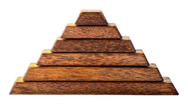 Wooden pyramid with layered structure on black