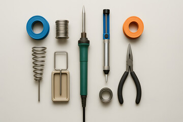 Neatly arranged soldering station tools on clean surface including solder spool iron tweezers and suction pump for electronics repair visual