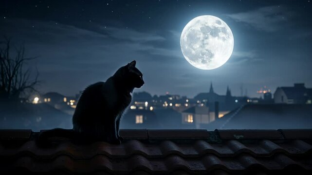 Black cat sitting on rooftop under full moon at night  