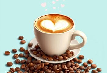 Obraz premium Cappuccino with milk heart art, roasted coffee beans, vector illustration, elegant, drink