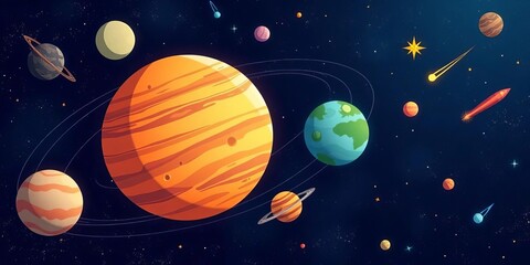 Cartoon solar system planets, stars, and comets on a cosmic background,  illustration,  galaxy