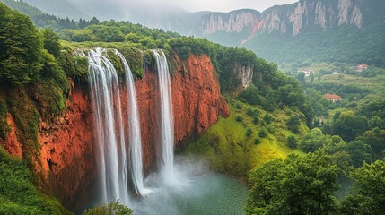 Majestic waterfall cascading into a lake, surrounded by lush greenery and red cliffs, misty mountains in the background