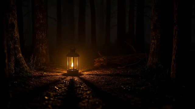 Lantern illuminating dark forest path at night with shadows  