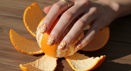 Creative orange manicure art featuring citrus-inspired design and fresh peel