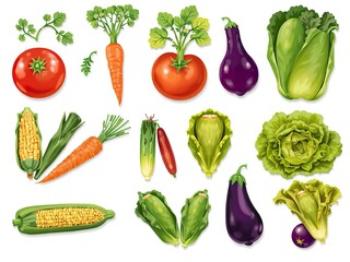 Farm fresh vegetables PNG clipart set tomato, carrot, corn, lettuce, eggplant clean vector style, grouped in 3 rows, Ai Generate.