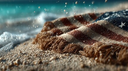 Beach scene featuring an American flag towel on sandy shore with ocean waves splashing softly in the background