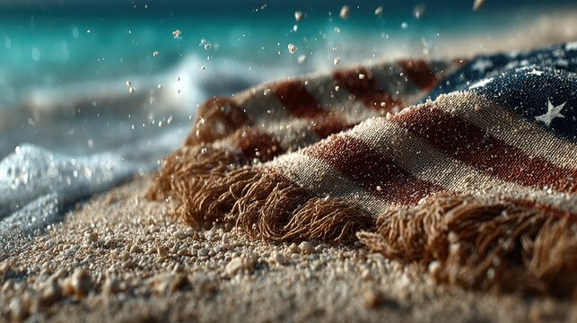 Beach scene featuring an American flag towel on sandy shore with ocean waves splashing softly in the background