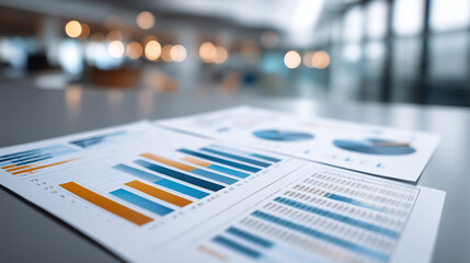 Colorful business charts and graphs on paper with blurred office background, showing data analysis and financial report in modern workspace environment