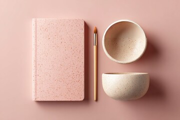 Pink notebook and cream ceramic bowls on a pink background.