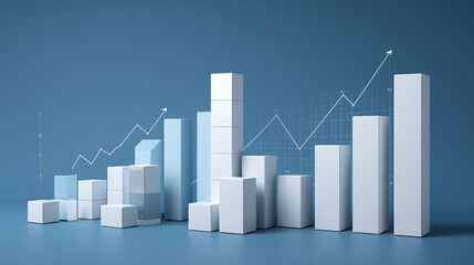 Clean blue background with white 3D bar chart showing business growth and upward trend line, symbolizing success and progress in data analysis