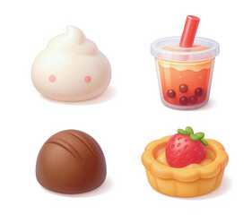 Adorable 3D sweet treat icons mochi, bubble tea, jelly cup, chocolate truffle, and fruit tart playful round design, soft shadows, white background, 3-row layout, Ai Generate.